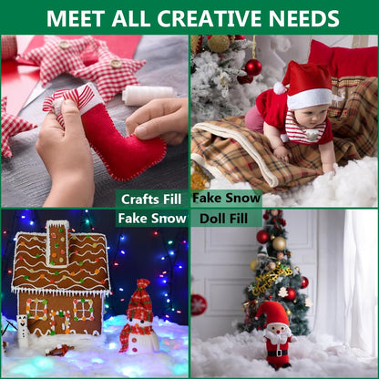 Christmas Fake Snow Decor, 1LB/500g Flame-Resistant & Hypoallergenic Artificial Snow Cotton, Vacuum Sealed for Easy Fluffing, Perfect for Christmas Villages, Mantels, Tree Skirts & Winter Decorations