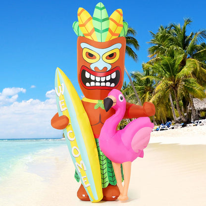 GOOSH 6 FT Summer Inflatables Tiki Luau Decorations Blow Up Yard with Flamingo and Surfboard Built-in LEDs for Hawaiian Party Beach Surfing Yard