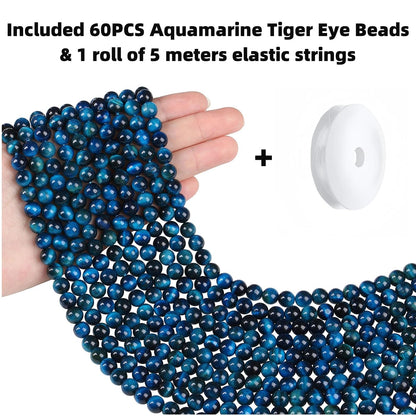 QINJIEJIE 60PCS Aquamarine Tiger Eye Beads 8mm Stone Beads Round Loose Gemstone Bead for Bracelet Beading Crystal Making DIY Necklace Earrings 0.32"