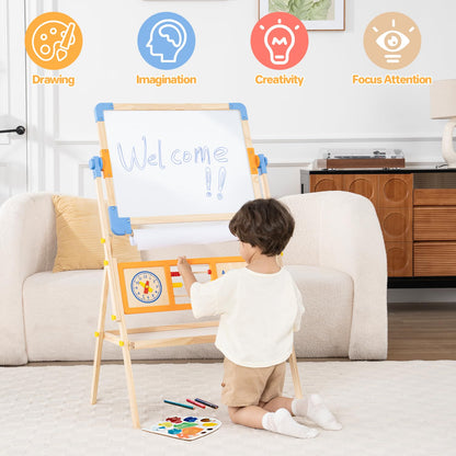 Asweets 3 in 1 Kids Art Easel, Magnetic Whiteboard/Chalkboard with Drawing Paper Roll, Abacus/Clock/Alphabet Chart - Educational Toy for Toddlers Preschoolers (3-8)