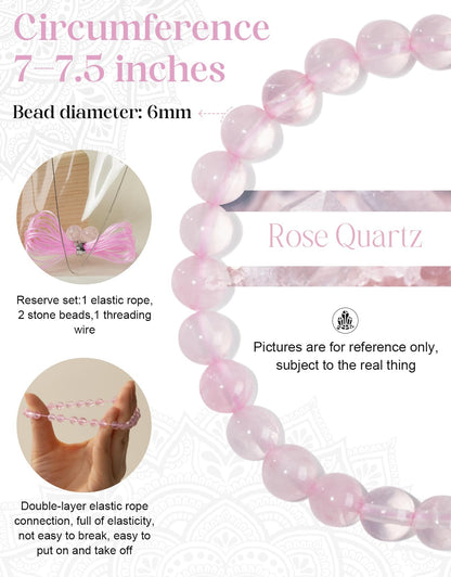 Landorilo Beaded Bracelet for Men Women, 6mm Natural Stone Rose Quartz Healing Crystal Stretch Bracelets, Ideal Christmas Birthday Jewelry Gifts with Energy Card，Replacement Beads Included