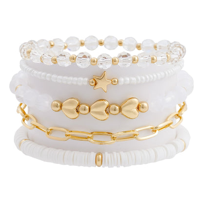 RISHEGAE Heishi Beaded Stretch Bracelets for Women Stackable Gold Polymer Clay Beads Bracelet Friendship Boho Summer Beach Bracelets Jewelry Set (B-White Link)