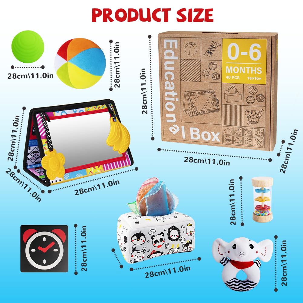 Montessori Toys for Babies 0-6 Months,7 in 1 Newborn Toys Baby Gifts Set Early Learning Toys with Black & White Baby Flashcards,Tummy Time Mirror,Baby Rattle,Sensory Balls,Tissue Box,Rain Stick