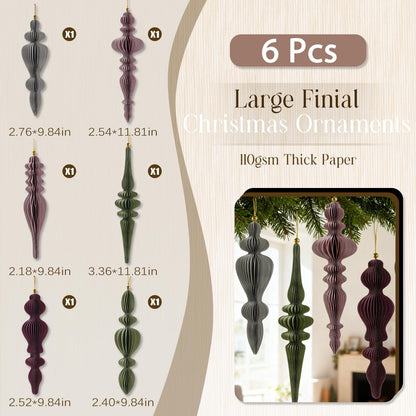 6Pcs Christmas Honeycomb Ornaments for Tree, 3D Paper Honeycomb Hanging Decorations Neutral Finial Christmas Ornaments Lanterns for Xmas Tree New Year Holiday Party Home Decor, Green Pink Gray