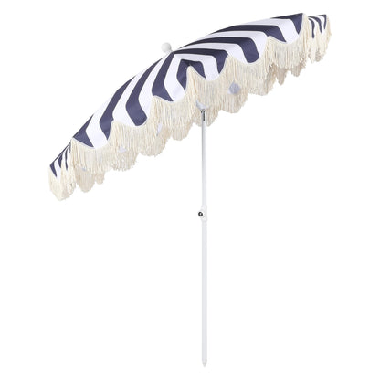 JONATHAN Y UMB1003N Mariner 6.5 ft. Cottage Fringe Tassel Market Beach Umbrella with Push Button Tilt, Wind Vent and UV Protection, and Matching Carry Bag in Navy and White Stripe/Cream, White Pole