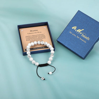 AD Beads 8mm Howlite - Calmness for Sleep - Handmade Natural Stone Crystal Bracelet with Adjustable Macrame String - Yoga Healing Power Energy Gifts for Men and Women