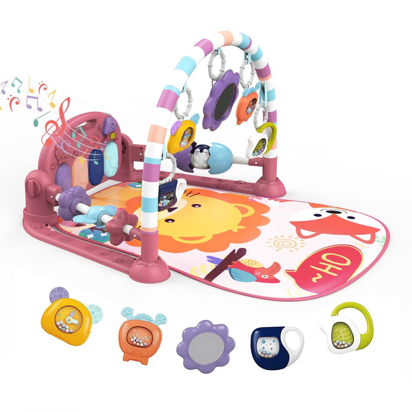 dearlomum Baby Play Mat Gym, Funny Play Piano Tummy Time Activity Mat with 5 Infant Sensory Toys, Music and Lights, Boy & Girl Gifts for Newborns 0 to 3 6 9 12 Months(New Pink)