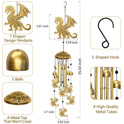 Dragon Wind Chimes for Outside - Indoors Metal Windchime S Hook Inspirational Wall Patio Garden Porch Yard Art Party Home Decor, Unique Housewarming Memorial Festival Gifts for Men/Women/Dad/Grandpa