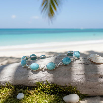 DESIGN HUB Larimar Bracelet 925 Sterling Silver | Handmade Oval Gemstone Bracelet for Women & Men | Adjustable 7-8 Inch Ocean Blue Jewelry | Unisex Artisan Gift | Women Gift for Her