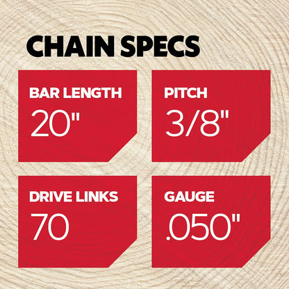 Oregon D70 AdvanceCut Chainsaw Chain for 20 Inch Bar – 70 Drive Links, Replacement Low-Kickback Chainsaw Blade, .050" Gauge, 3/8" Pitch, fits Several Poulan Pro & Echo Models (D70) Black