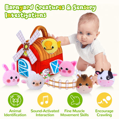 Baby Toys 6-12 Months, Barn Farm Soft Stuffed Animal Set with Windmill Fence Rattle Crinkle Paper, Sensory Toys for Babies Toddlers Montessori Toys for 6 9 Months Old Boy Girl