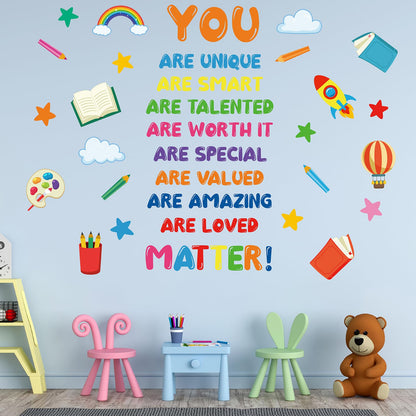 Kids Affirmation Wall Decals, Positive Motivational Wall Stickers “You are Unique Smart Talented Loved”, Peel and Stick Vinyl Decor for Kids Room, Classroom, Playroom, Nursery