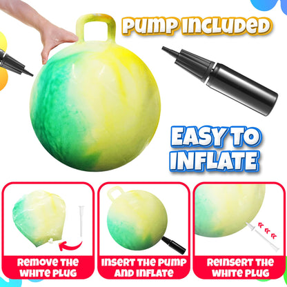 Bedwina Hopper Ball with Handle for Kids 18-inch (45cm) Bouncy Balls for Kids, Jumping Kangaroo Hippity Hop, Hopping Sit and Spin with Handle with Hand Pump, Marble Green & Yellow