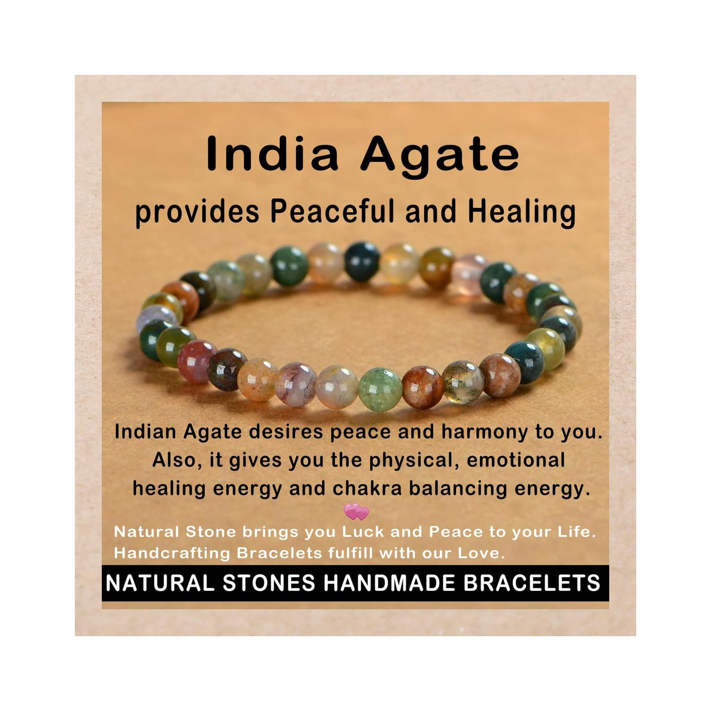 AD Beads Handmade Gemstone Stretch Elastic Bracelet Crystal Healing Reiki Nature's Beauty and Spiritual Essence Unisex (6mm, Indian Agate)