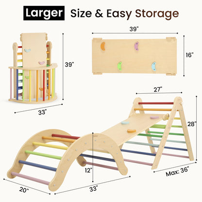 Belleur Pikler Triangle Set, 7-in-1 Foldable Climbing Toys for Toddlers 1-6 Years Old, Wooden Montessori Climbing Set with Arch, Ramp & Ladder, Baby Indoor Climber Jungle Gyms - Rainbow
