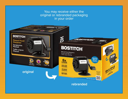 Bostitch Office Wall Mount Manual Pencil Sharpener, 8 Hole Dial, 6X Longer Cutter Life, Vertical or Horizontal Mounting, Black