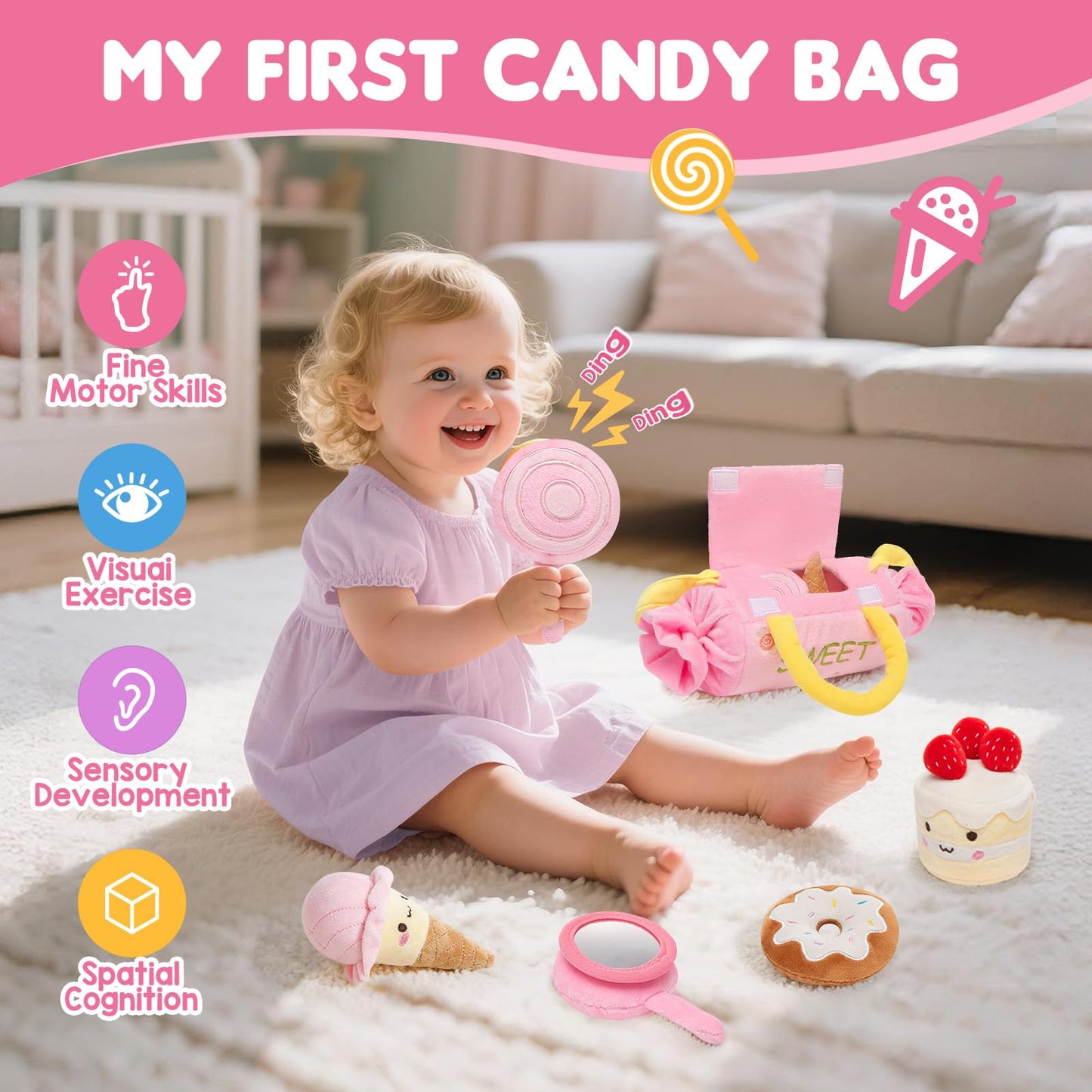 GNAYUIJ Baby Toys 6-12 Months,My First Candy Bag Plush Toy-5 Sensory dessert Soft Toys with Rattle, Crinkle Paper, Squeaker, Mirror,Busy Montessori Soft Toys for Toddlers,1st Birthday for Babies Girls