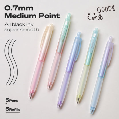 WRITECH Retractable Gel Ink Pens: 0.7mm Fine Point Black-Ink Aesthetic Gradient Color Barrel Soft Grip Medium Point Pen 5ct with 5 Refills for Journaling Smooth Writing Quick-dry No Bleed