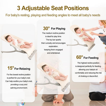3-in-1 Portable Baby Bouncer & Rocker Chair for Newborn to Toddler - 4 Adjustable Recline Positions, Breathable Cotton Fabric, Natural Vibration, Supports Up to 33 lbs (Oatmeal Khaki)