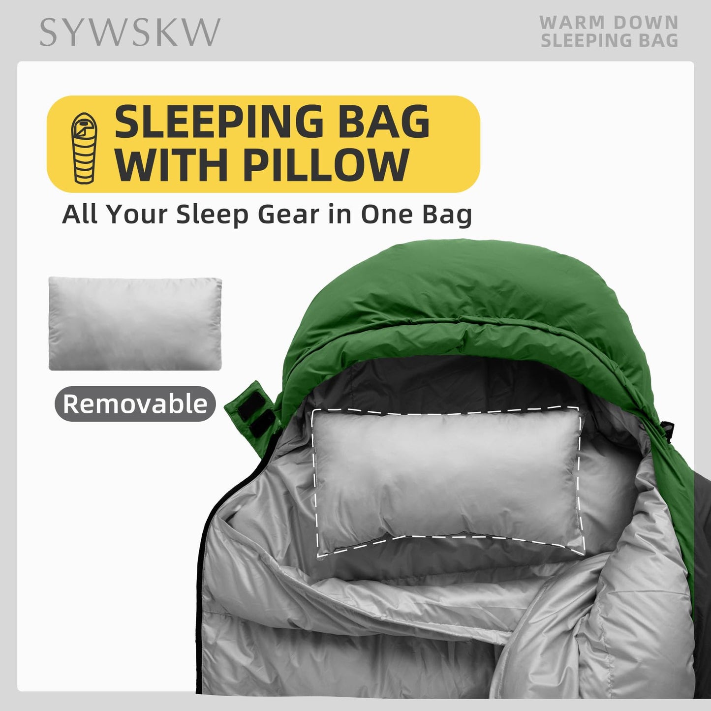 SYWSKW Ultralight Down Sleeping Bag with Pillow,15°F 32°F 46°F Sleeping Bag for Women,Men,Youth Backpacking,Hiking and Camping Outdoor with 680FP Duck Down (Green, 500g Down Filling)