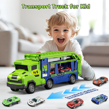 BainGesk Truck Car Toys for 3, 4, 5, 6 Years Old Boys Girls, 3 in 1 Carrier Truck with 2 Foldable Race Tracks, Transport Car with 6 Metal Cars, Birthday Toys Gifts for Toddlers