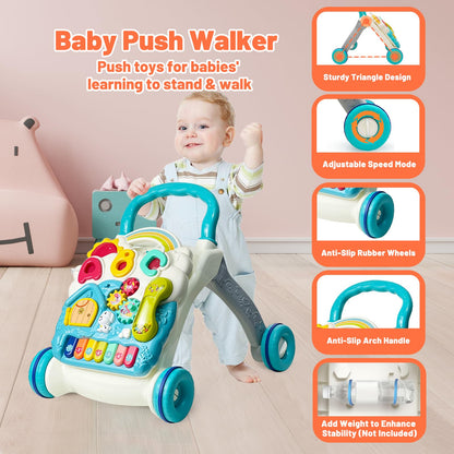 Sit to Stand Baby Walker, Activity Center with Music and Light, Activity Table for Toddlers, Push Toys for Babies Learning to Walk, Early Education Toys for Infant Boys Girls 6 Months Up (Blue)
