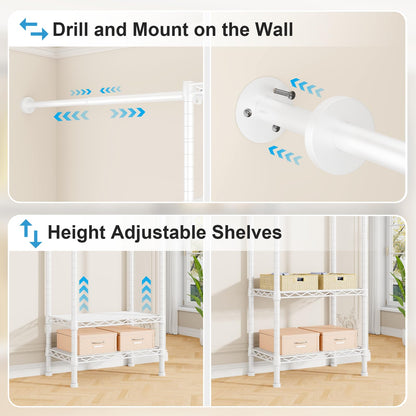 Ulif M2 Wall Mounted Closet System, Clothes Rack Mounted onto the Wall with 4 Expandable Hanger Rods and 5 Metal Shelves, Clothing Organizer Storage in (70.8-102.3)" L x 14.5" D x 71.2" H, White