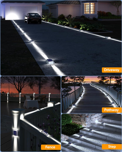 DetarZinLED Deck Lights Solar Powered, 4 Pack White Solar Pathway Driveway Light Outdoor IP68 Waterproof, Stick on & Screw Markers Deck Lights for Dock, Walkway, Sidewalk, Patio, Pool, Garden, Step