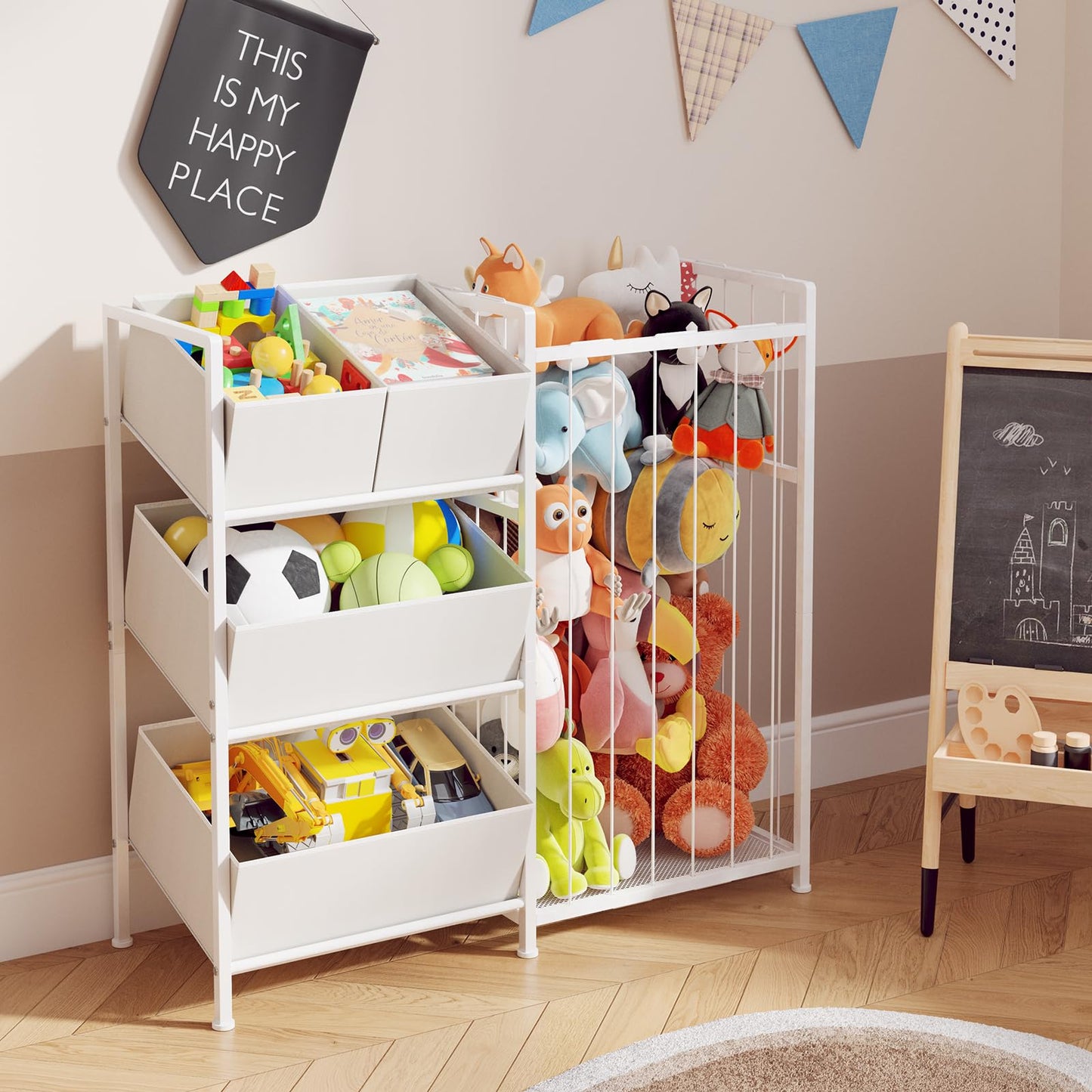 BBLIKE Kids Storage Organizer with 4 Removable Bins, Kids Storage Toy Shelf Organizer for Stuffed Animal Holder for Bedroom Playroom Nursery, White