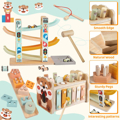 Weilim Montessori Toys for 1 Year Old, Wooden Car Ramp & Hammering Pounding Xylophone Toy for Toddlers 1-3, Shape Sorter Stacking Blocks, Educational Fine Motor Activity Toys Gift for Baby Boy Girl