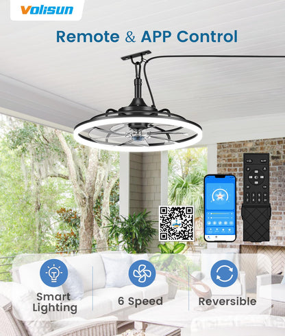 VOLISUN Outdoor Ceiling Fans with Light for Patios, 23.6in Weatherproof Plug in Ceiling Fan, 3000K-6500K Dimmable Gazebo Fan Remote&APP Control, Black Caged Ceiling Fan for Porch, Pergola,Canopy
