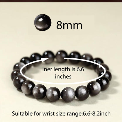 Cryhand Female 8mm Beaded Bracelets For Women Simulated Slivery Black Obsidian Bracelet for Men Handmade Lucky Money Stretchy Crystal Bracelets Best Gifts