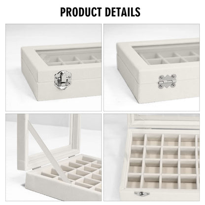 Vicoter Velvet Jewelry Box 24 Grid Jewelry Ring Display Organiser Box Tray Holder Earrings Storage Case for Girls Wife Mom Women (Beige)