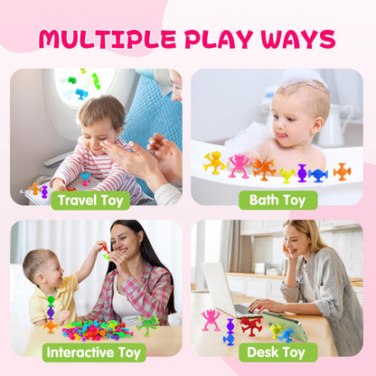 Suction Cup Kids Bath Toys for Toddler Aged 3, 60PCS Animal and Textured Suckers, Montessori Sensory Gifts for Kids 4-8 Years Old, Educational Learning Building Toy