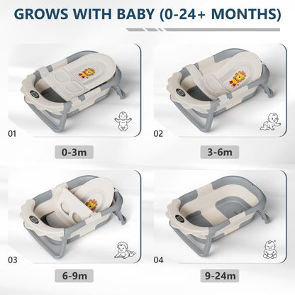 MoreFeel Foldable Baby Bathtub with Thermometer - 4-in-1 Grow-with-Me Collapsible Infant Tub (Newborn to Toddler) with Adjustable Mesh Sling - Space Saving Design