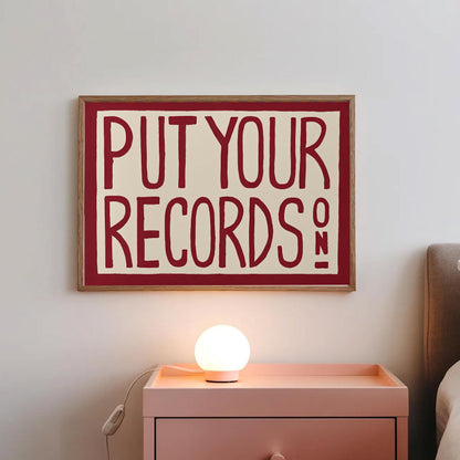 Retro Wall Art Print,Put Your Records On Poster, Mid Century Modern Wall Art,Red Put Your Records Hand Painted Print,Funky Retro Home Decor for Living Room,Bedroom or Music Room12x16 Inch Unframed