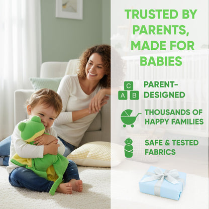 Love By Emi 4 in 1 Baby Lullaby Sleep Soother Toy - Stuffed Animal Sound Machine & Pacifier Holder | Heartbeat White Noise & Music | Plush Yellow Frog Sleep Aid Security Blanket (0-3 Years)