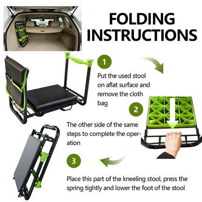 Garden Kneeler and Seat, Heavy Duty Gardening Stool with 1.8" Thick Detachable Kneeling Pad, Foldable Bench Chair with Tool Pouch and Bag for Knee & Back Pain Relief for Women, Men, Seniors (Green)