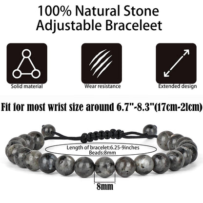 QOGIR Handmade Healing Bracelet,8mm Natural Black Larvikite Gem Stone Beads Bracelet,for Men Women Gifts with 2PCS Size Adjustable Rope Bracelets