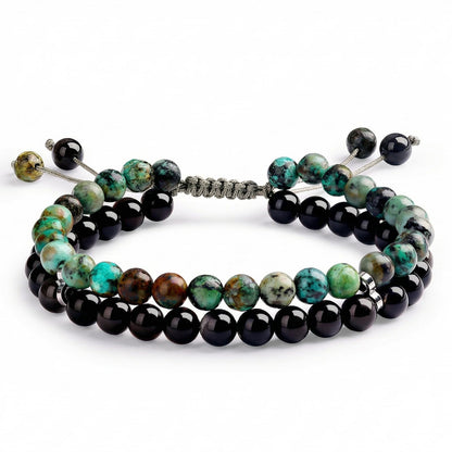 Atminafays 6MM Stackable Healing Bracelet - Mookaite Jasper, Tiger's Eye & African Turquoise with Silver Sheen Obsidian Beads | Adjustable Handwoven Cord | Boho Chic Spiritual Jewelry for Men & Women (Calm & Luck)