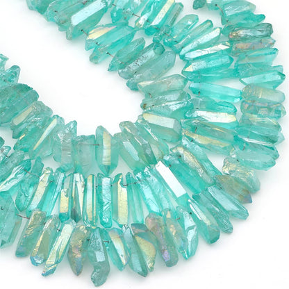 BEADIA Light Green Titanium Coated Crystal Quartz Spike Point Stick Beads Rough 1.0"-1.5" for Jewelry Making 15 Inch/Strand