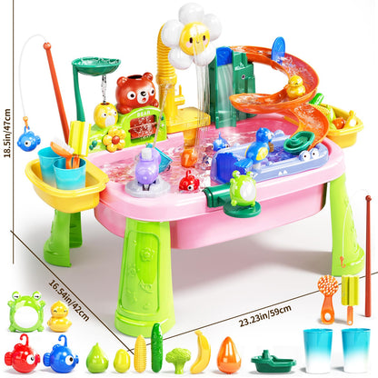 Pupu Pig Water Table Play Sink Toys for Toddlers, Kids Play Kitchen Sink with Running Water, 360° Electric Faucet, Floating Fishing Game, Sensory Water Table Toys for Boys Girls Summer Gifts - Pink