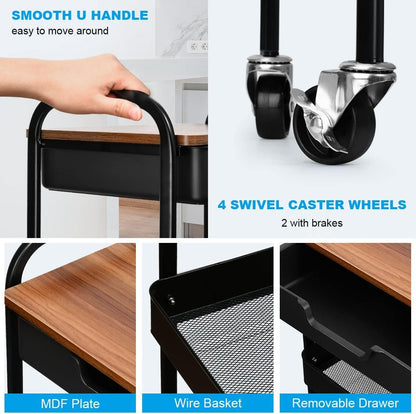 Aratan 3 Tier Rolling Cart with Drawer, Metal Utility Cart on Wheels Storage Cart with Wood Top, Kitchen Cart Art Cart Organizer for Bathroom Office Balcony Living Room