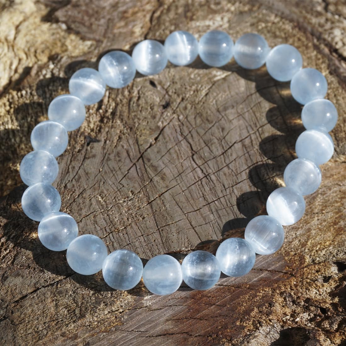 Natural Selenite Bracelet 8mm | Aqua Blue | Crown Chakra Crystal with Cat-eye Effect | Handmade Meditation Healing Bracelet for Women Men | Beading Tool Kit - Fits for 6.5-7.5 inch Wrist Size