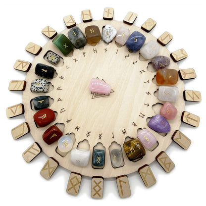 Rune Stone Set, Wooden Disc with Eternal Life Inscription and Mixed Color Crystal Rune Set for Meditation and Witchcraft Healing, Chakra Balancing for Beginners (Mixed Color Rune Set)