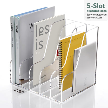 SANRUI Acrylic Desk Organizers, Clear Magazine File Holder, 5 Vertical Compartments A4 Folder Binder Holders Sorter, Office Desktop Workspace Organization Storage Rack for Office Home School