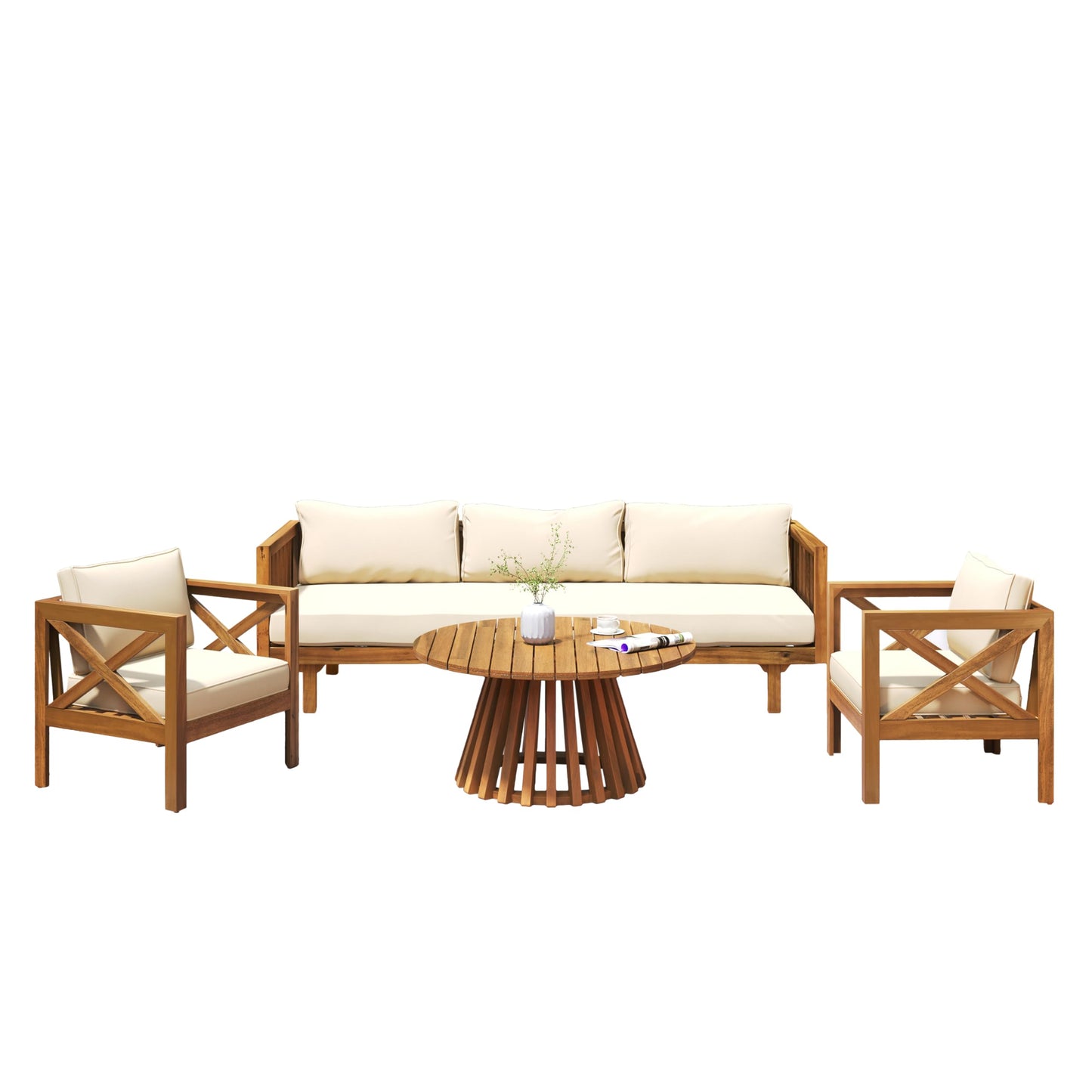 Merax Outdoor 4-Piece Acacia Wood Conversation Set - Patio 3-Seat Loveseat Sofa w/Coushion, 2 Armchair and Round Coffee Table for Backyard, Lawn, Balcony, Teak + Beige