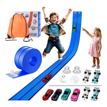 Flexible Car Track for Kids: 15 Ft of Portable Roll-Up DIY Flexible Race Track with 8 Cars & 4 Strong Suction Cups Car Ramp Toy Track, – A Great Birthday for Boys & Girls Ages 3+ (Blue)