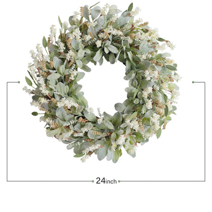 24 Inch Summer Spring Ivory Flowers Wreath for Front Door, Everyday Lamb Ears Leaves Wreath with White Artificial Flower for Indoor and Outdoor, Rustic and Farmhouse Greenery Flower