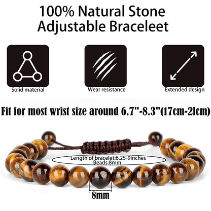 QOGIR Handmade Healing Bracelet,8mm Natural Yellow Tiger Gem Stone Beads Bracelet,for Men Women Gifts with 2PCS Size Adjustable Rope Bracelets